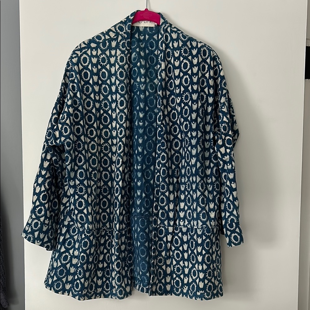 Blue and White Patterned Kimono Cardigan